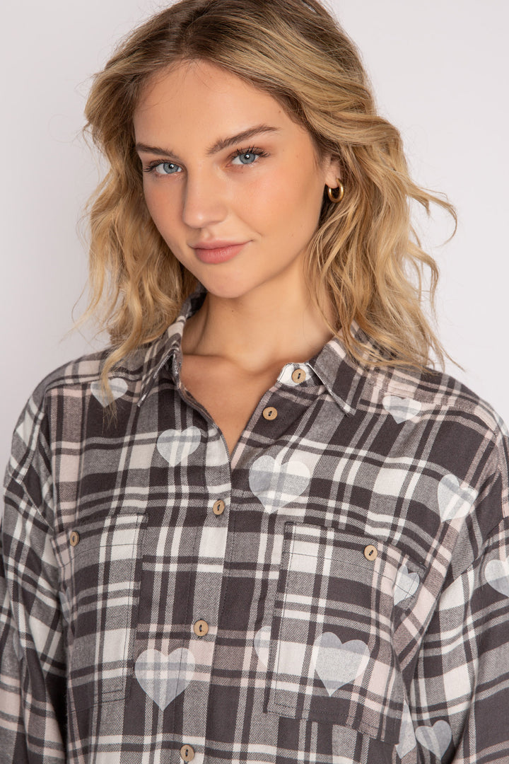 Mad For Plaid Long Sleeve Top - Charcoal
