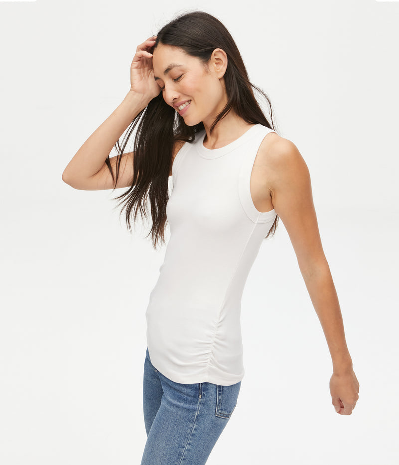 Halley Ribbed Tank with Ruched Sides - White