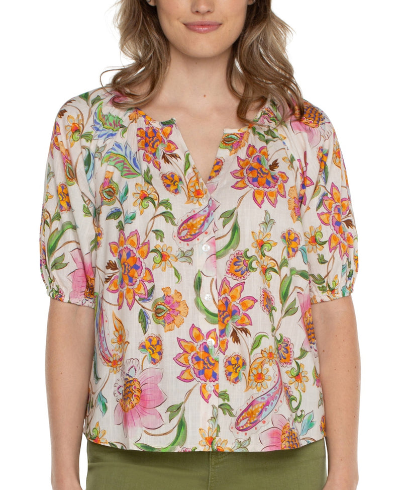 Floral Short Sleeve Button Front Top - Floral