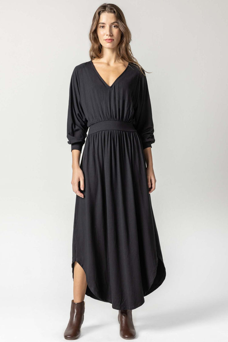 Full Sleeve V-Neck Maxi Dress - Black