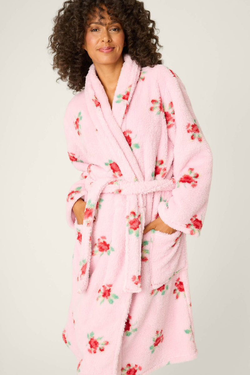 Rose Print Plush Robe - Pink