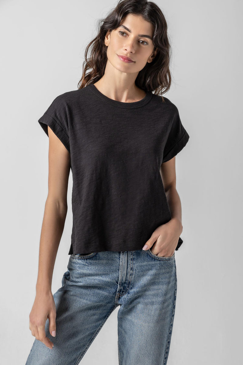 Loose Knit Slub Boxy Crew - Black