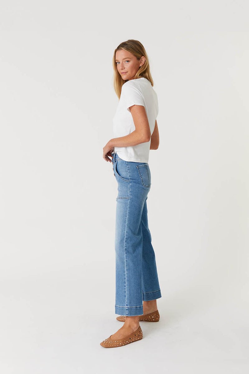 Camille Exposed Button Fly Wide Leg - Light Blue