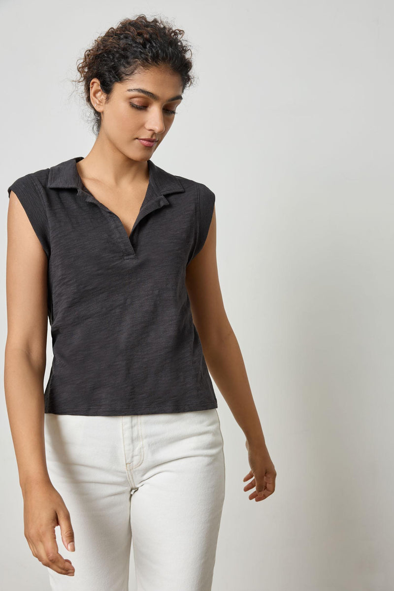 Slub Cap Sleeve Polo Top- Black
