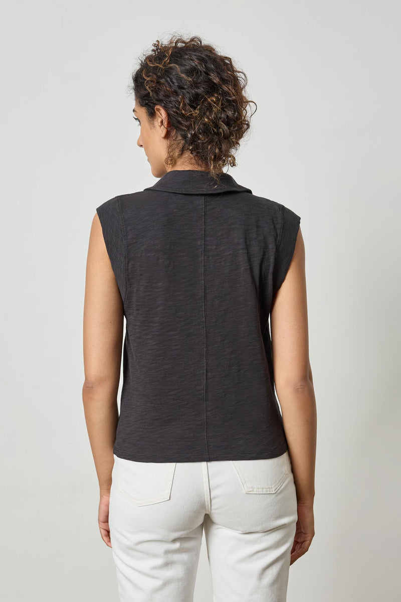 Slub Cap Sleeve Polo Top- Black