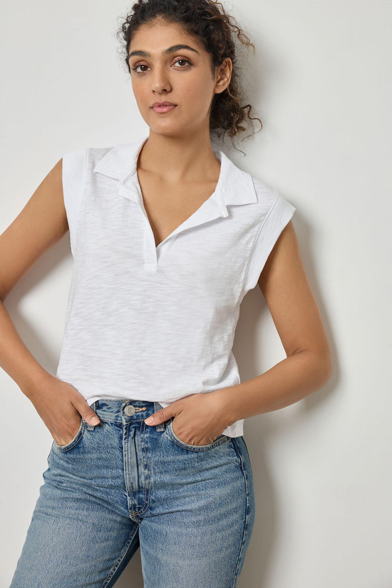 Slub Cap Sleeve Polo Top- White