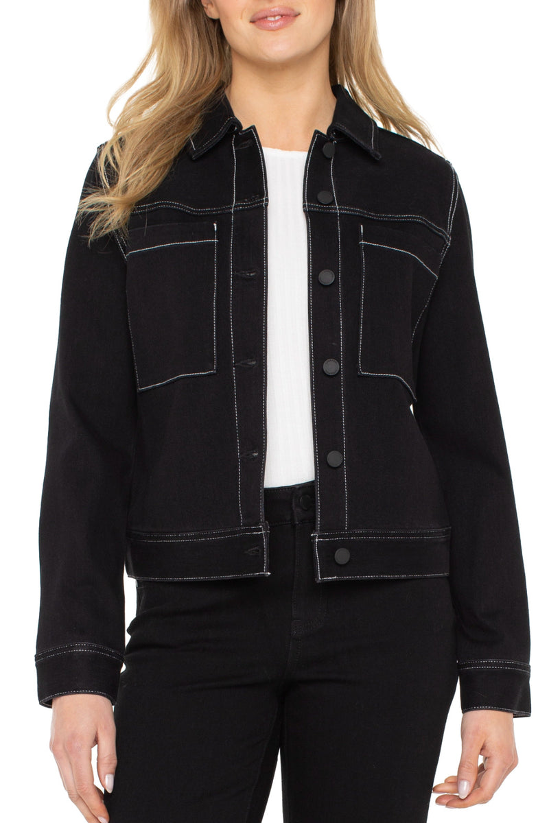 Utility Trucker Jacket With Contrast Stitching - Black