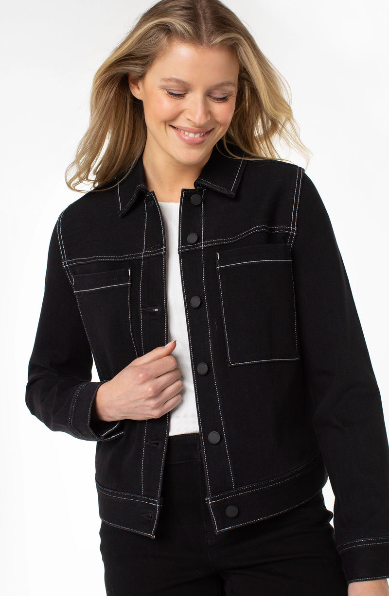 Utility Trucker Jacket With Contrast Stitching - Black