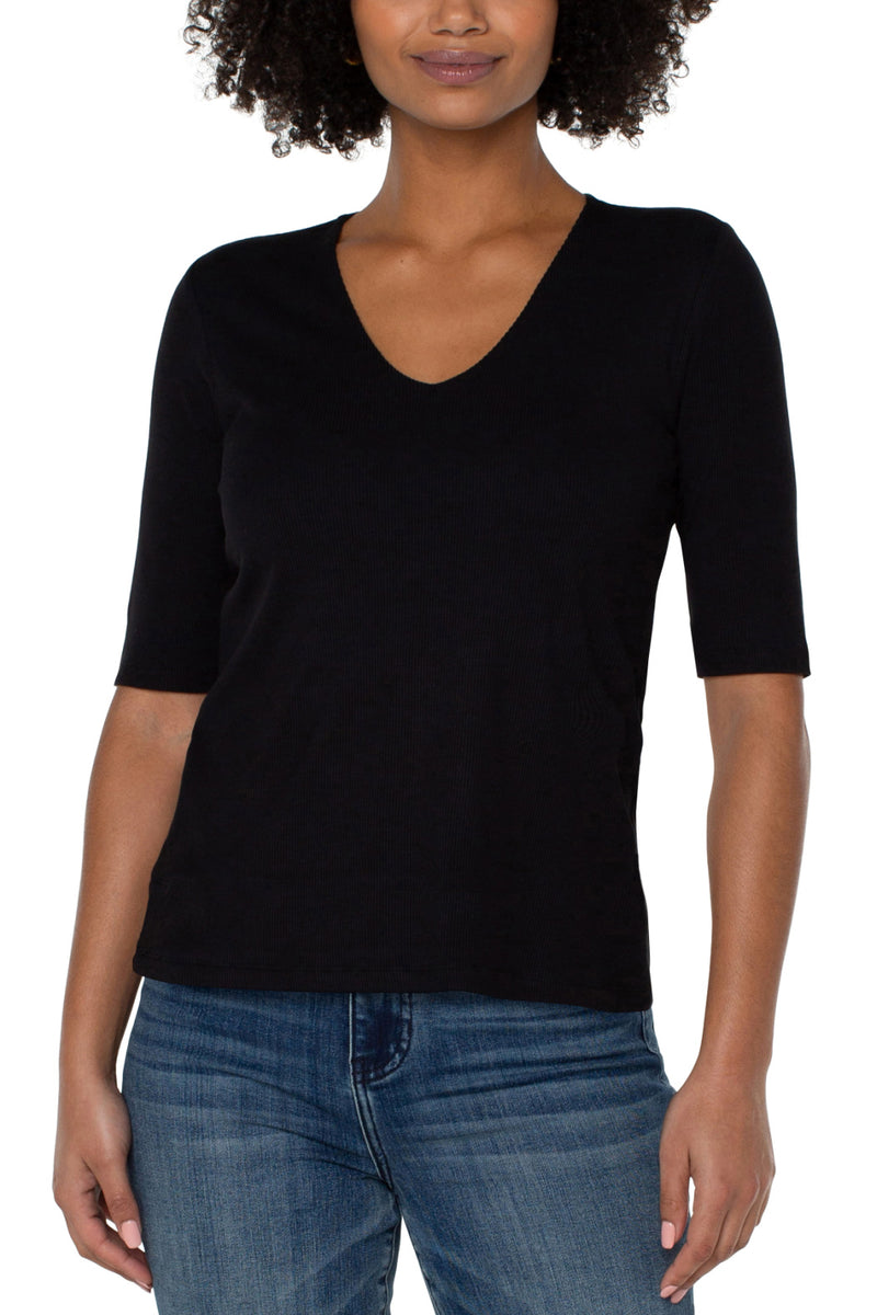 Double Layer V-Neck 1/2 Sleeve Top - Black