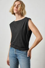 Elastic Hem Boat Neck Top - Black