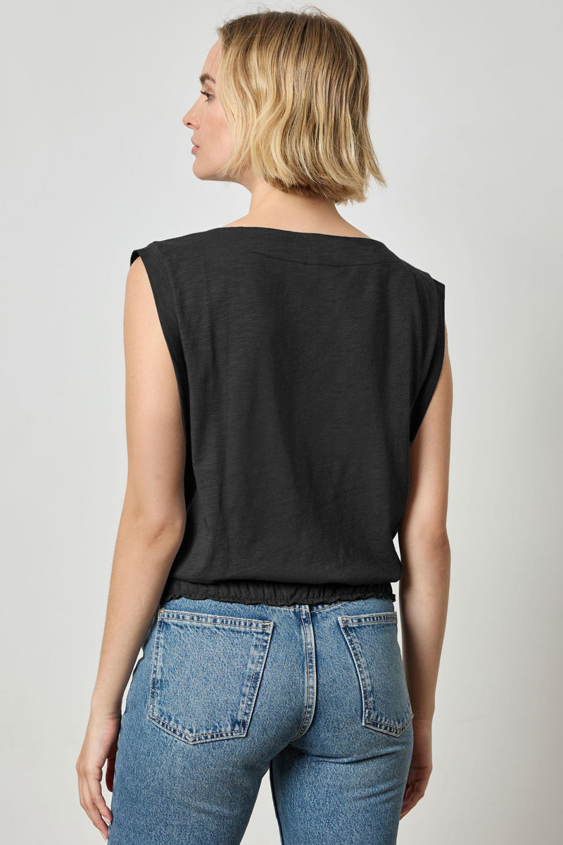 Elastic Hem Boat Neck Top - Black