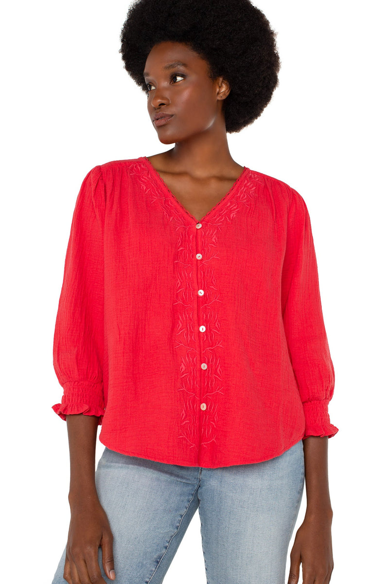 3/4 Sleeve Embroidered Blouse - Geranium