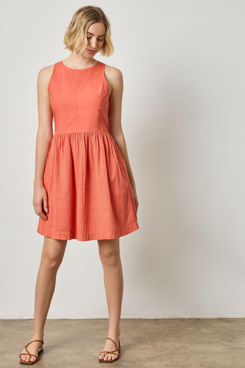 Eyelet High Neck Zip Back Dress - Terracotta