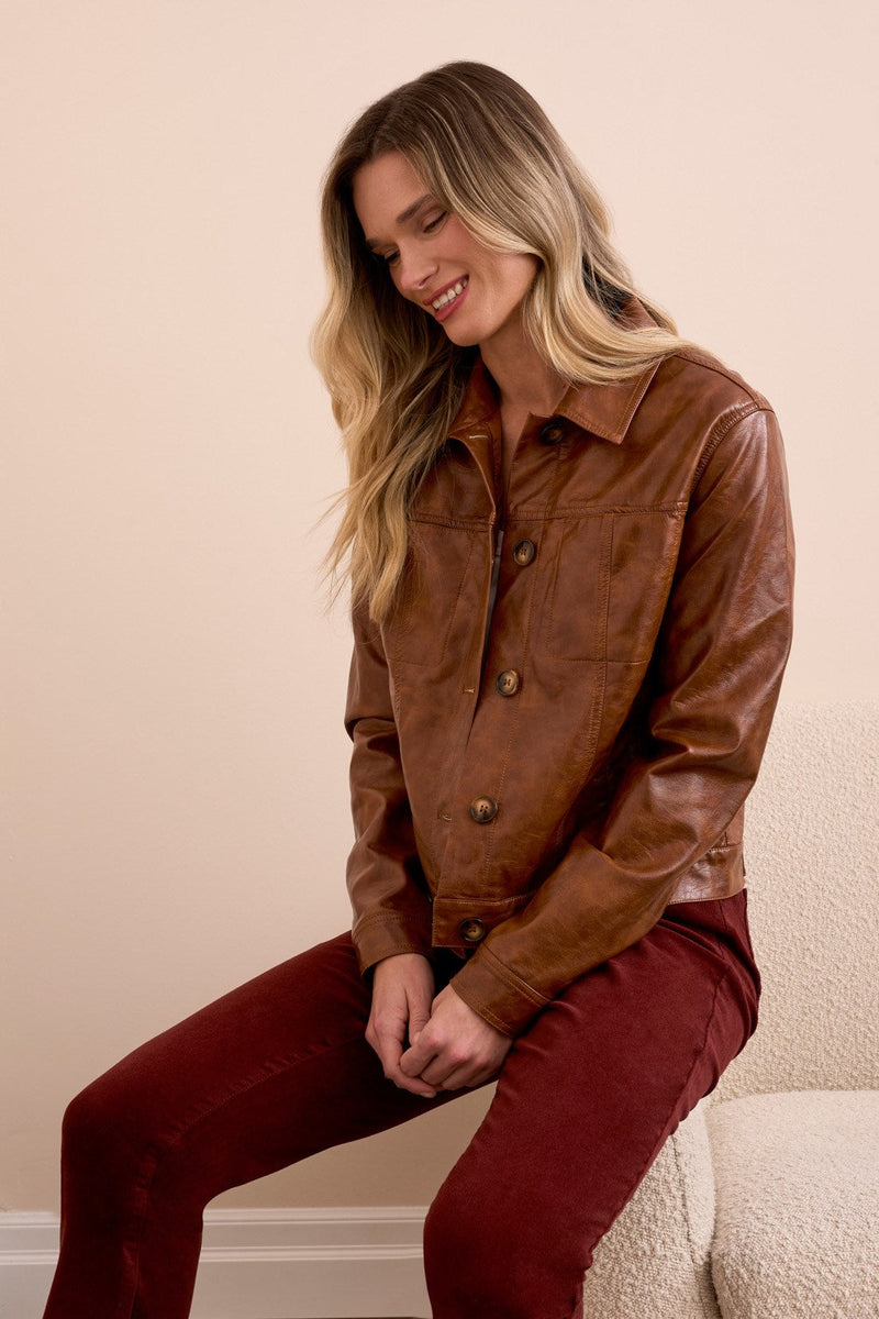 Button Front Faux Leather Jacket - Ginger