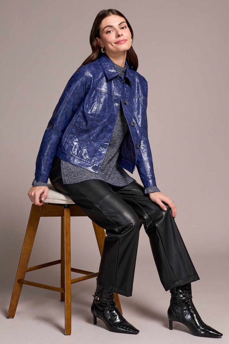 Button Front Faux Leather Jacket - Lapis
