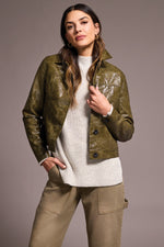 Button Front Faux Leather Jacket - Olive