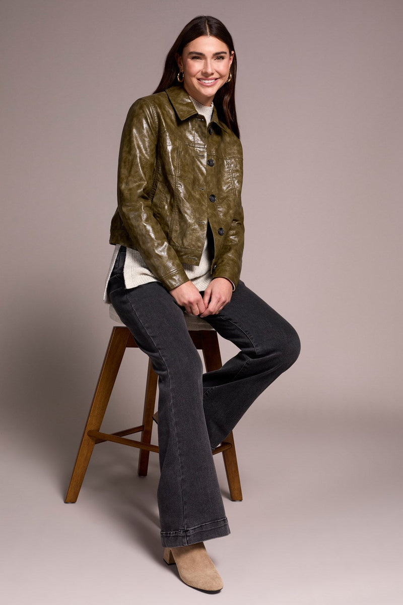 Button Front Faux Leather Jacket - Olive