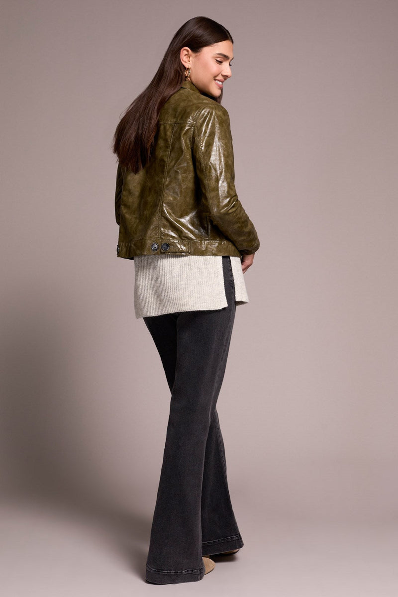 Button Front Faux Leather Jacket - Olive