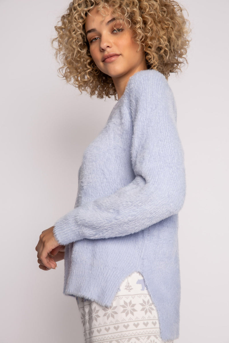 Feathered Knit Long Sleeve Crew - Blue Mist