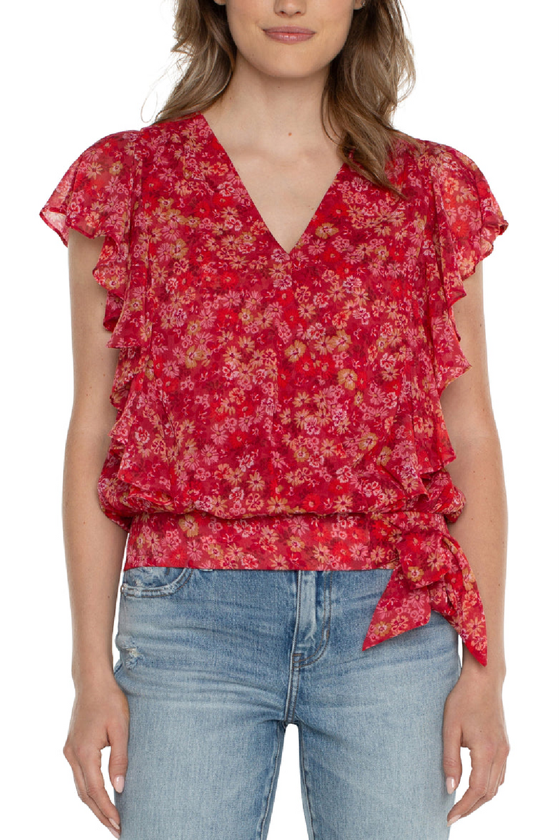 Ruffle Sleeve Top With Waist Tie - Berry Blossom Floral