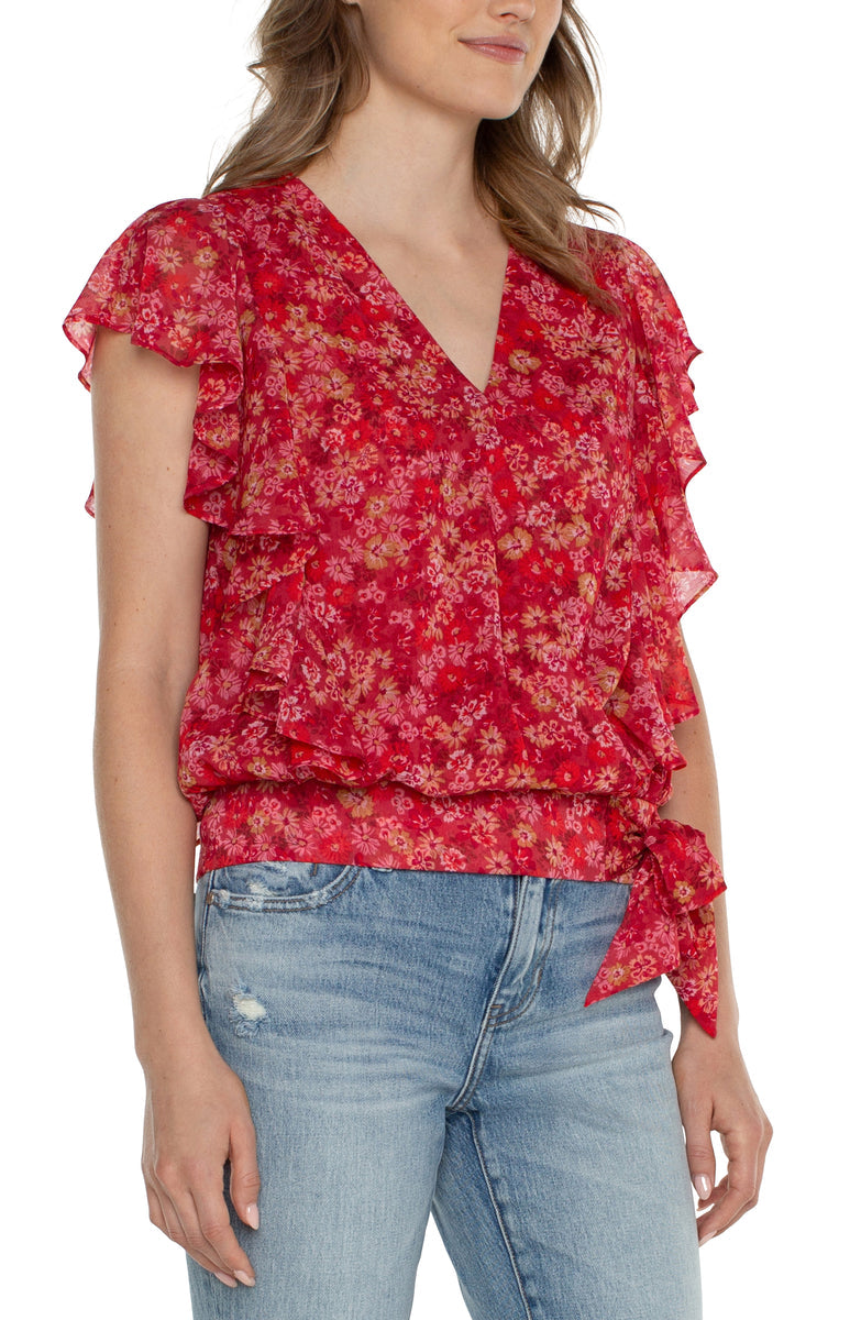 Ruffle Sleeve Top With Waist Tie - Berry Blossom Floral