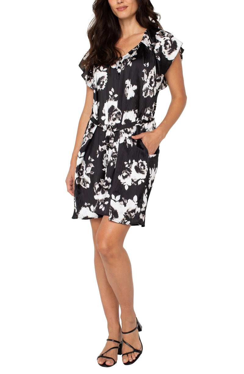 Flutter Sleeve Raglan Woven Dress - Black/White