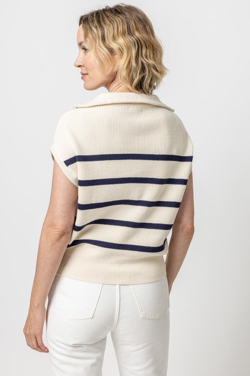 Half Zip Sh/Slv Stripe Sweater - Stripe