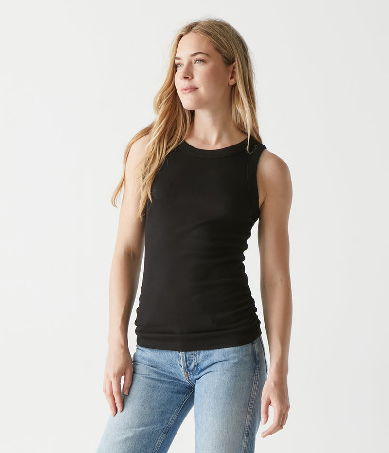 Halley Ribbed Tank with Ruched Sides - Black