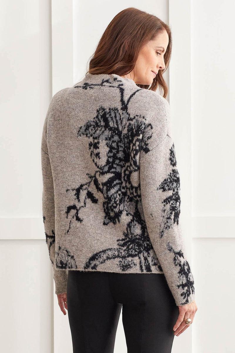 Funnel Neck Abstract Floral Sweater - Oyster
