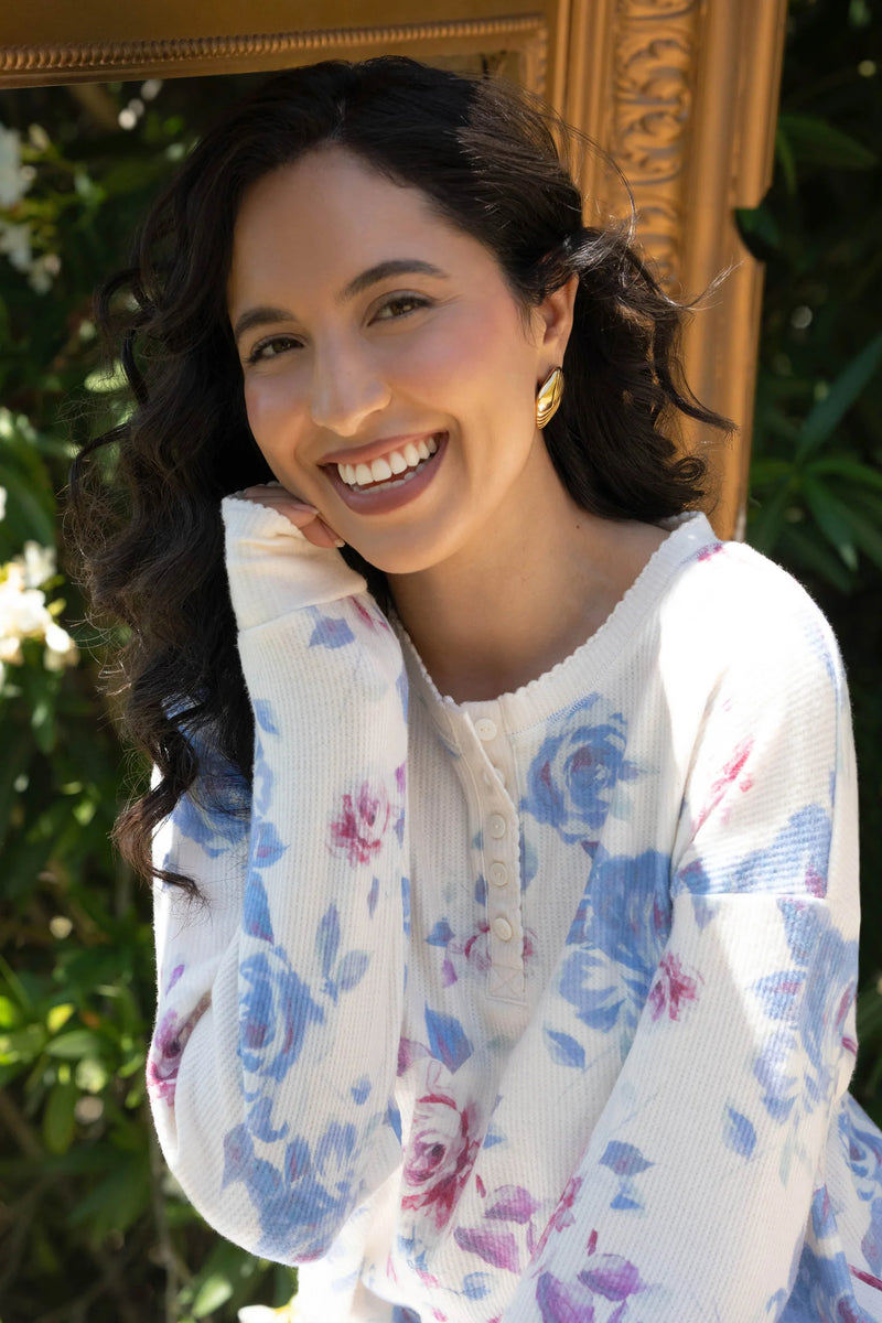 Rodeo Rose Long Slv Henley- Floral