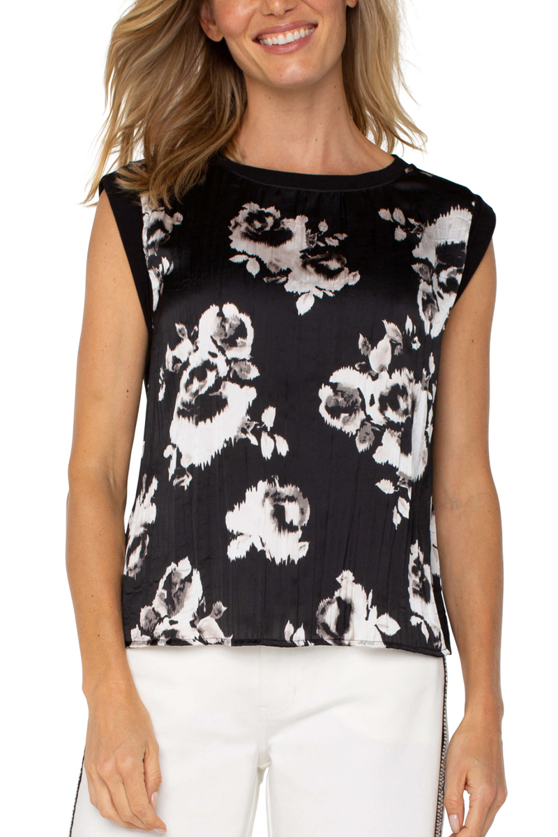 Sleeveless Satin To Knit Print Top  Black/White