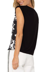 Sleeveless Satin To Knit Print Top  Black/White