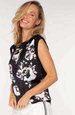 Sleeveless Satin To Knit Print Top  Black/White