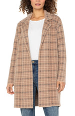 Open Front Coatigan Sweater - Camel Cream Plaid