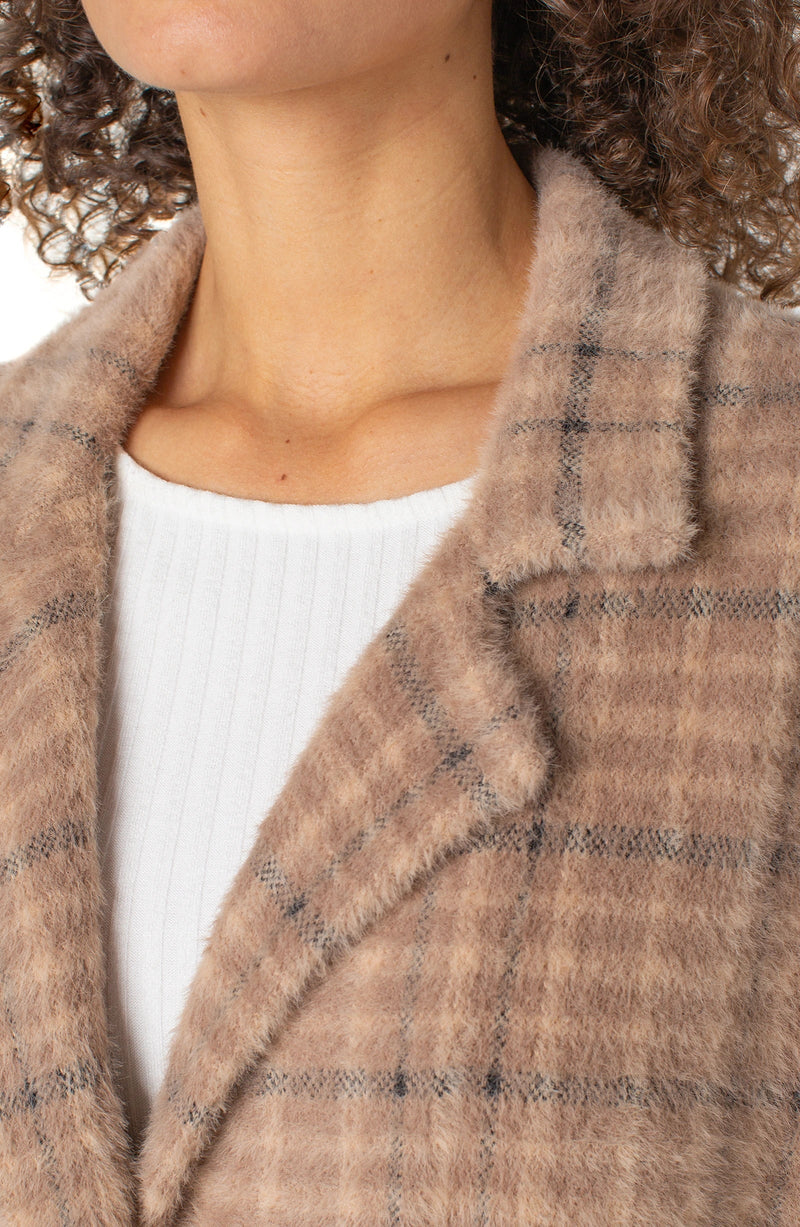 Open Front Coatigan Sweater - Camel Cream Plaid