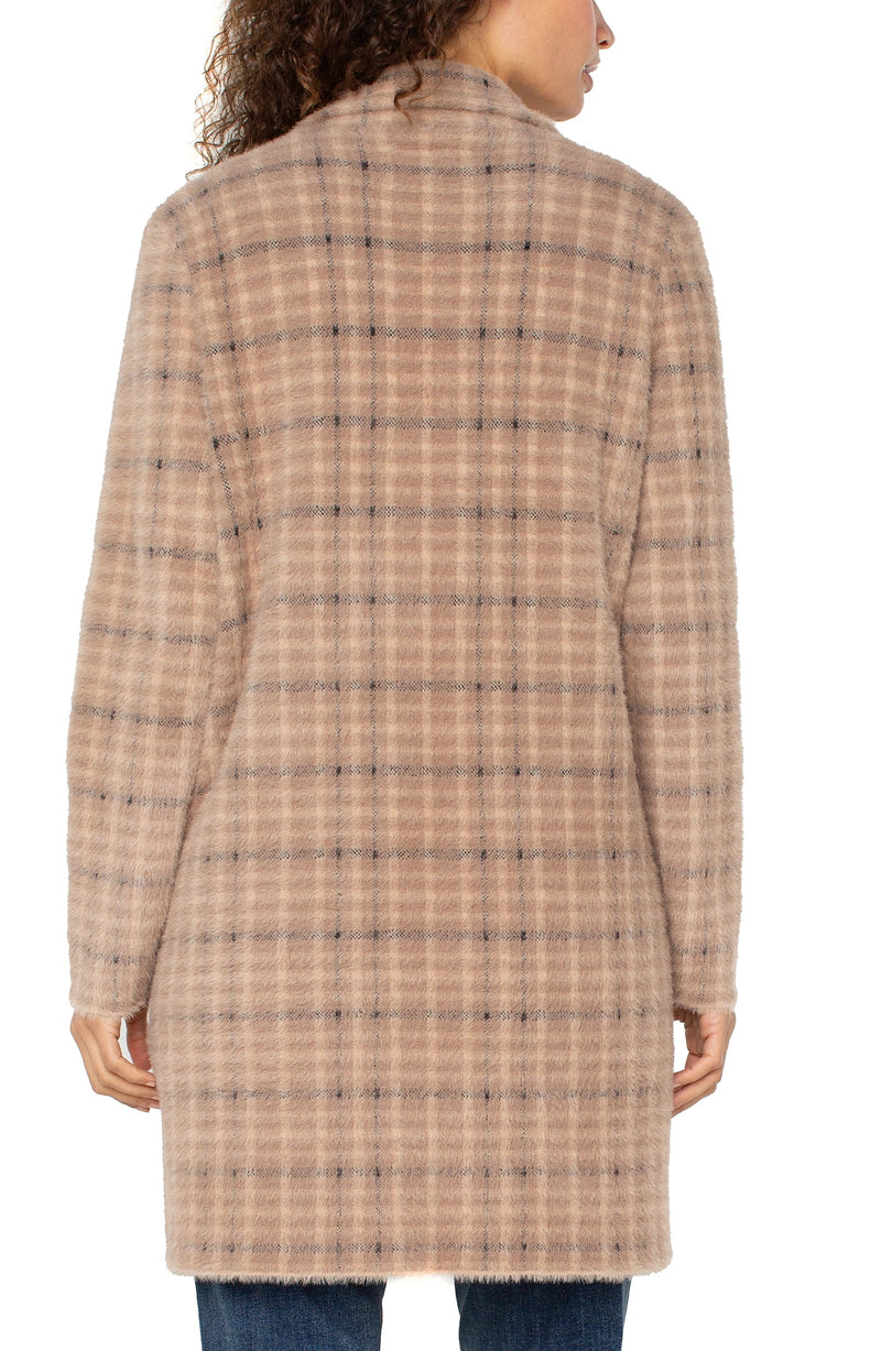 Open Front Coatigan Sweater - Camel Cream Plaid