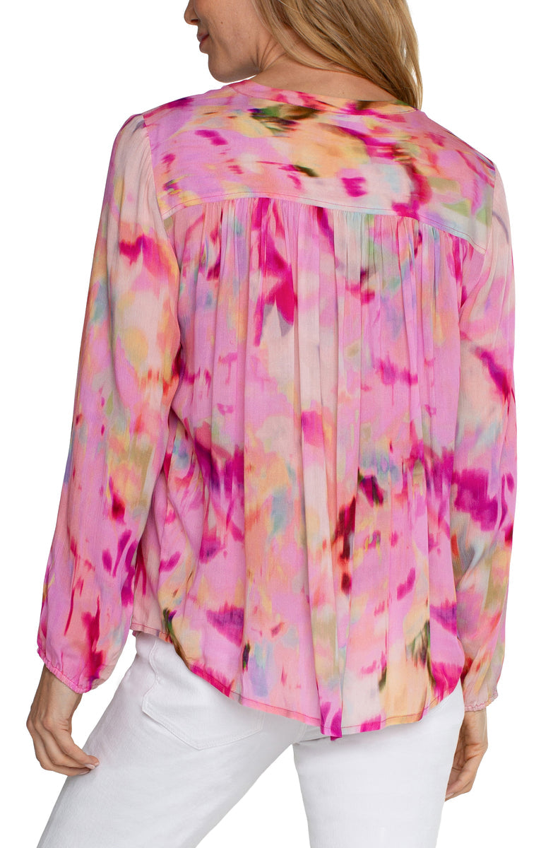 Long Sleeve Button Front Shirred Blouse - Watercolor