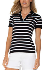 Short Sleeve Collared Stripe Sweater - Black/White