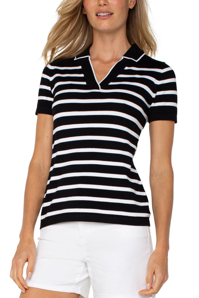 Short Sleeve Collared Stripe Sweater - Black/White