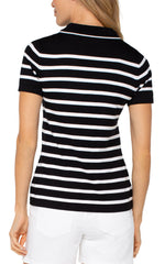 Short Sleeve Collared Stripe Sweater - Black/White
