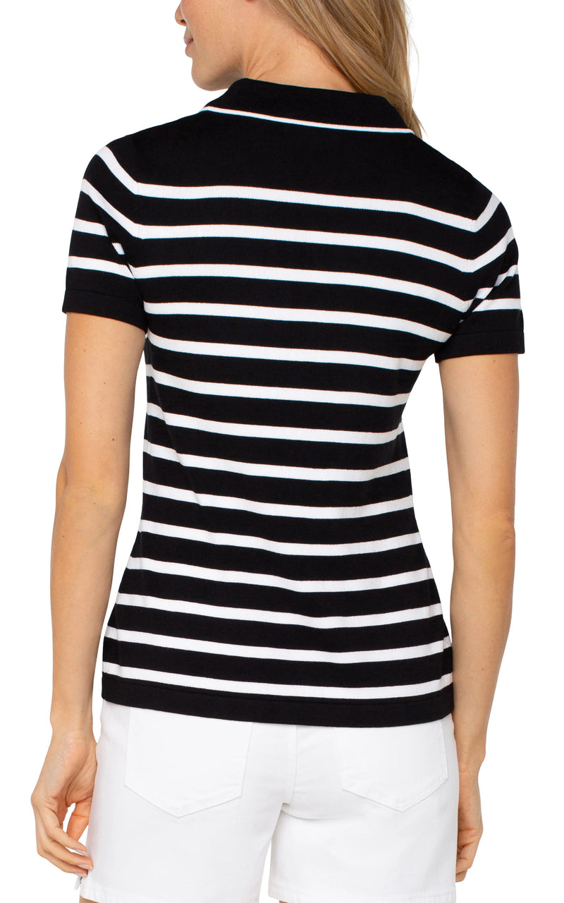 Short Sleeve Collared Stripe Sweater - Black/White