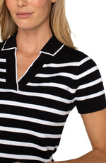 Short Sleeve Collared Stripe Sweater - Black/White