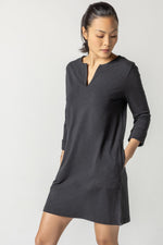 3/4 Sleeve Split Neck Dress - Black