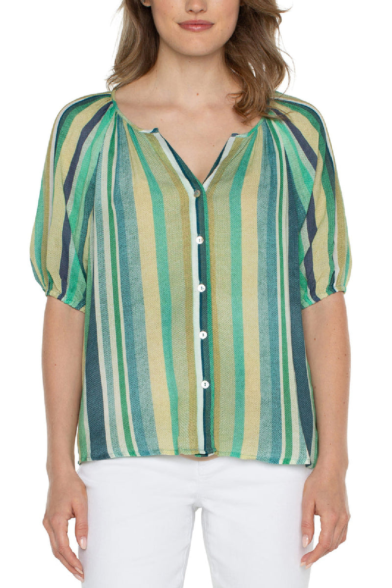 Stripe Short Sleeve Button Front Top - Teal Multi