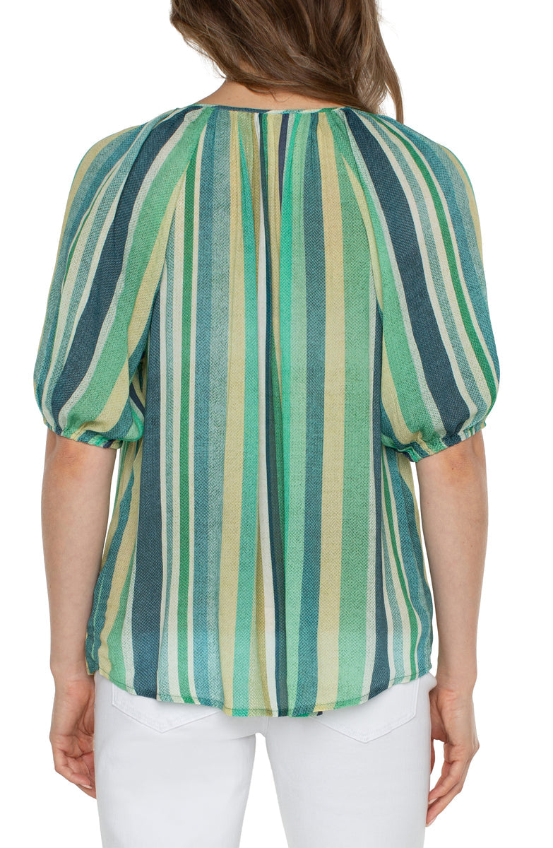 Stripe Short Sleeve Button Front Top - Teal Multi