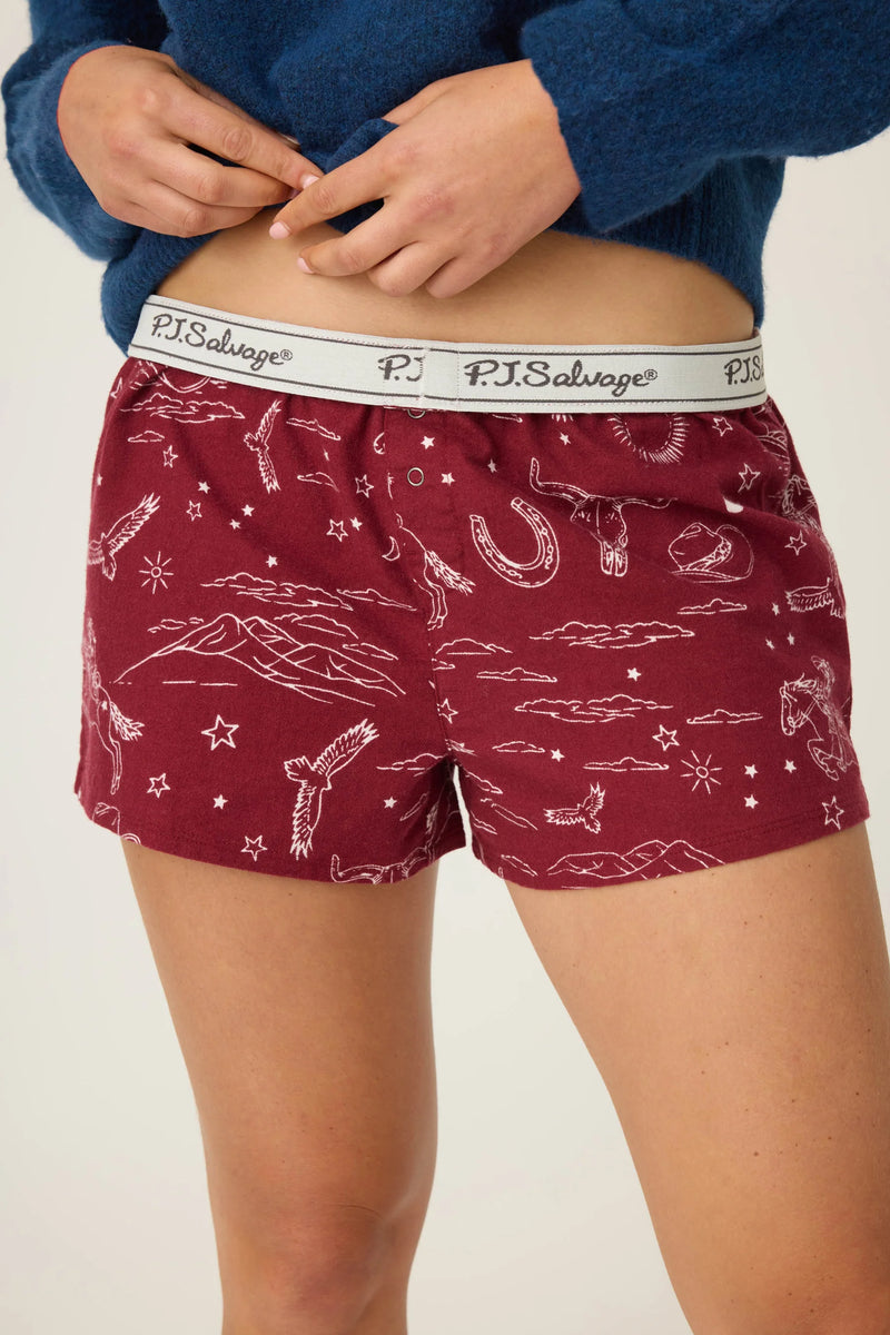 Hold Your Horses Western Print Flannel Short - Burgundy
