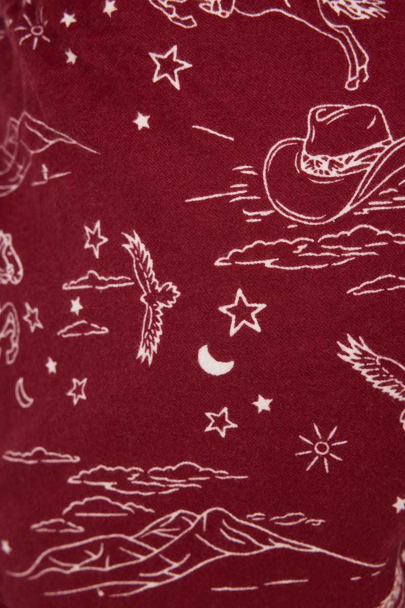 Hold Your Horses Western Print Flannel Short - Burgundy