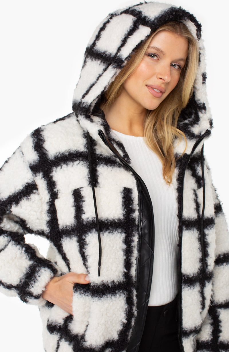 Windowpane Plaid Hooded Jacket - Black/Wh