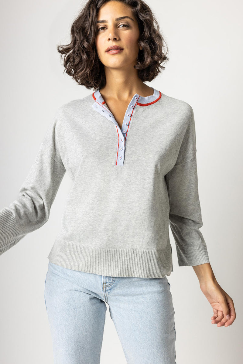 Contrast Trim Henley Sweater - Heather Grey