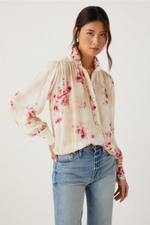 Floral Shirred Button Front - Cream/Pink